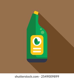 Green plastic bottle with cleaning product and bubbles icon on a brown background with long shadow, flat design style