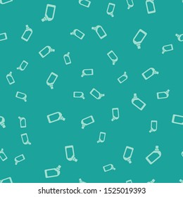 Green Plastic bottle for liquid laundry detergent, bleach, dishwashing liquid or another cleaning agent icon isolated seamless pattern on green background.  Vector Illustration
