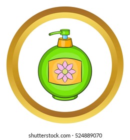 Green plastic bottle of liquid soap vector icon in golden circle, cartoon style isolated on white background