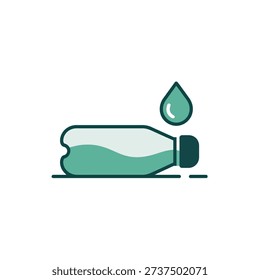 Green plastic bottle lying on its side with a single drop above it