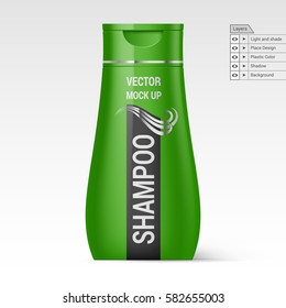 Green Plastic Bottle Shampoo Isolated on White Background. Vector Layers Mock up for Design