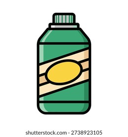 Green plastic bottle with yellow label and cap isolated on white background for packaging design