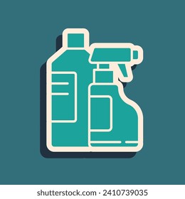 Green Plastic bottles for laundry detergent, bleach, dishwashing liquid or another cleaning agent icon isolated on green background. Long shadow style. Vector Illustration