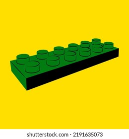 Green plastic brick block on a yellow background. Retro geometric drawing of construction game. Creative element for childrens store, flyer design. Vector flat illustration isolated.