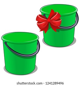 Green plastic bucket with a black handle isolated on white background. Vector cartoon close-up illustration.