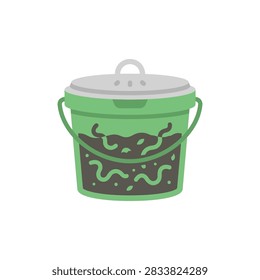 A green plastic bucket filled with dark soil and live worms