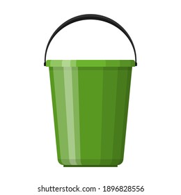 Green plastic bucket with handle in flat design isolated on white background. House cleaning and gardening equipment. Household accessories. Vector illustration