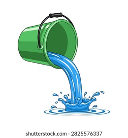 Green plastic bucket pouring fresh clean water creating splashes with water flow