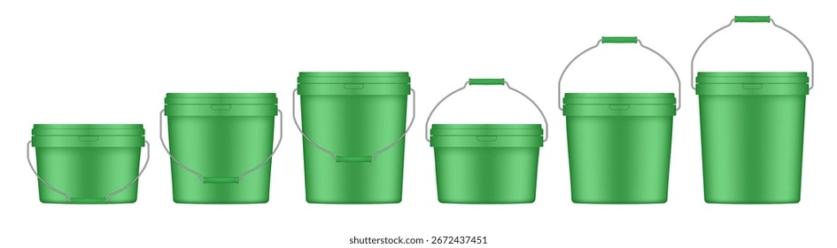 Green plastic buckets with metal handle and lid. Vector mockup of a food or building mixtures packaging. A bucket of paint or putty. Small, medium and large sizes