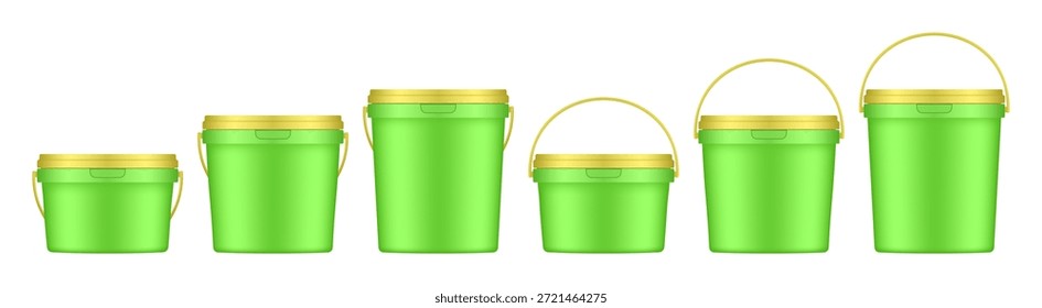 Baldes de plástico verde com alça e tampa amarela. Modelo vetorial de uma embalagem de alimentos ou misturas de edifícios. Um balde de tinta ou massa. Tamanhos pequenos, médios e grandes