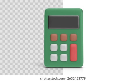 Calculadora de plástico verde com botões coloridos e tela em branco, isolada no fundo transparente e branco. Perfeito para projetos financeiros ou educacionais. Ilustração de vetor em estilo mínimo.