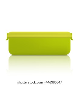 Green plastic container for foods, isolated on white background. Lunch box.