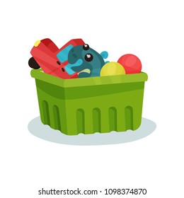 Green plastic container full of children toys. Plush dinosaur, red car and rubber balls. Flat vector element for promo poster of kids store