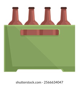 Green plastic crate is holding four brown glass bottles with long necks