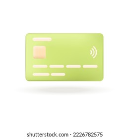 Green plastic credit or debit card with chip 3D icon. Banking technology for money transfer, payment on shopping in retail store 3D vector illustration on white background. Finance, bank concept