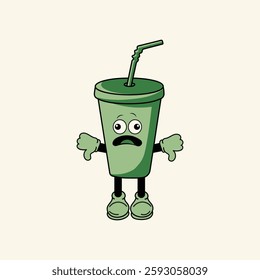 green plastic cup character vector illustration with sad expression. Cream background