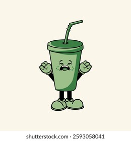 green plastic cup character vector illustration with sad expression. Cream background