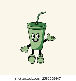 green plastic cup character vector illustration with happy expression. Cream background