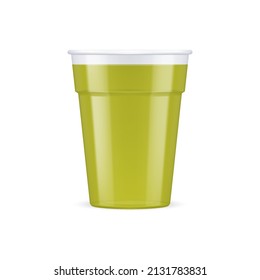 Green Plastic Cup For Single Use. Disposable Container Mockup for Drinks Isolated on White Background