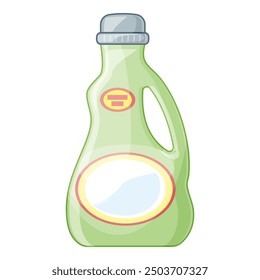 Green plastic detergent bottle with blank label stands on a white background