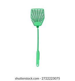 Green plastic fly swatter with a grid head and long handle, a common household tool for physical removal and management of bothersome flying insects and pests