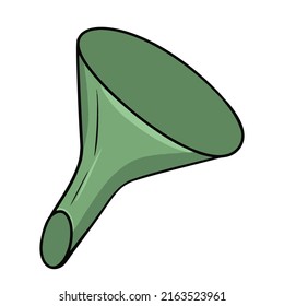 Green plastic funnel, vector illustration in cartoon style on a white background