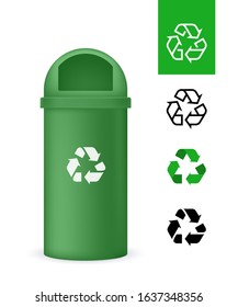 Green Plastic Garbage Bin with Recyclable Symbol. Vector isolated on white background.