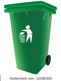 Green plastic garbage container with a lid. Vector illustration.