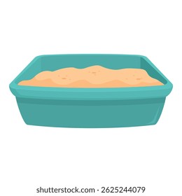 Green plastic litter box full of sand for cat hygiene, isolated on white background