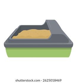 Caixa de lixo de plástico verde com colher para a higiene dos gatos de pé no chão