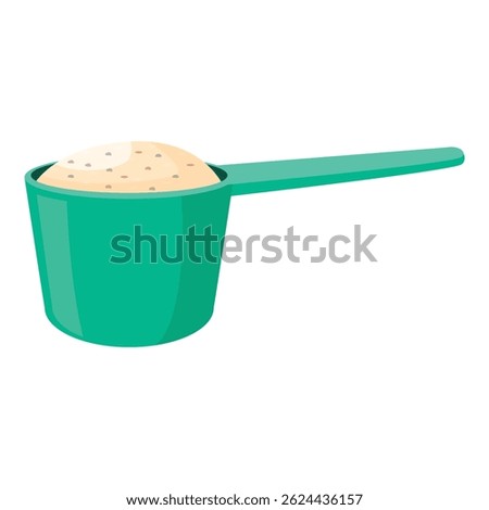 Green plastic measuring scoop or spoon full of vanilla protein or gainer powder, isolated on white background