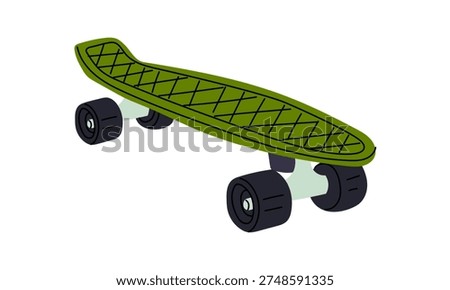 Green plastic penny skateboard isolated white background. Eco transport. Flat illustration for urban transport posters, youth lifestyle banners, city movement graphics or modern outdoor activity icons