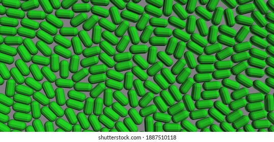 Green plastic polymer granules on gray background. 3d vector illustration.