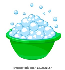 Piscina verde de plástico con jabón. Tanque de agua para lavar ropa, platos y limpieza. Aislado sobre fondo blanco. Ilustración vectorial EPS10.