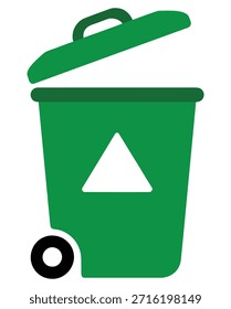 Papelera de reciclaje de plástico verde con tapa abierta y ruedas con un prominente símbolo triangular blanco para la gestión de residuos y la conciencia ecológica