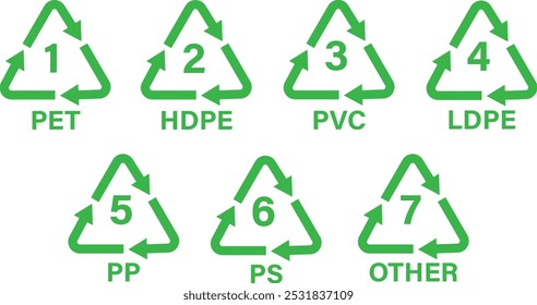 Green Kunststoff Recycling Icon Set. Plastik Recycling Dreieck Ikonensatz . Vektorgrafik
