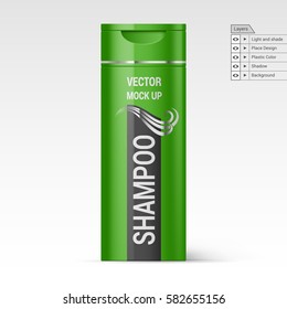Green Plastic Shampoo Bottle Isolated on White Background. Vector Layers Mock up