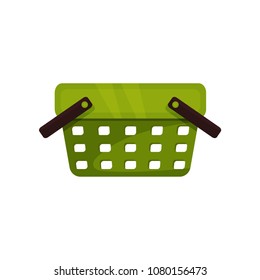Green plastic shopping basket with two black handles. Flat vector design for website or mobile app