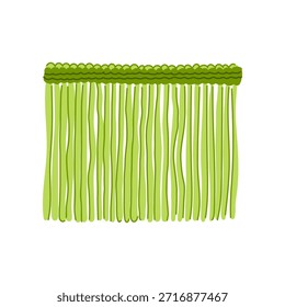 Green plastic strands forming a beaded curtain, acting as a flexible barrier to maintain temperature and minimize cold air loss in a refrigeration unit or storage space