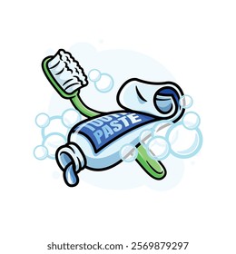 Green Plastic Toothbrush and Toothpaste Cartoon Icon Vector Illustration. Isolated background.