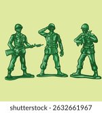 "Green Plastic Toy Soldiers Vector – Classic Army Figurines Illustration"

A detailed vector illustration of three green plastic army men in classic poses, inspired by vintage military to