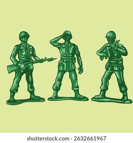 «Green Plastic Toy Soldiers Vector – Classic Army Figurines Illustration»

Una Ilustración vectorial detallada de tres hombres de plástico verdes del ejército en poses clásicas, inspiradas en militares de la vendimia a