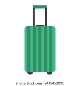 Green plastic travel suitcase, polycarbonate suitcase, on wheels, on a white background. Travel luggage design. Vector illustration