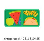 Green plastic tray with lunch food in compartments, top view of canteen plate vector illustration