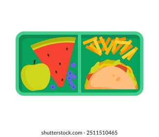 Green plastic tray with lunch food in compartments, top view of canteen plate vector illustration