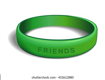 Green plastic wristband with the inscription - FRIENDS. Friendship band isolated on white background. Realistic vector illustration for International Friendship Day