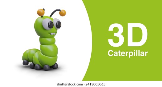 Green plasticine caterpillar with two large teeth. Funny insect looks away. Vector children entomology. Stage of butterfly life cycle. 3D larva, side view