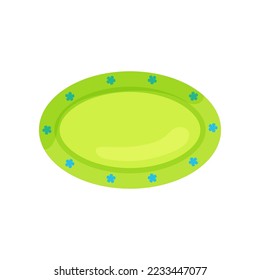 Green plate with blue flowers vector illustration. Dish for meal, basic geometric shape for kindergarten or school children. Food, kitchenware, education, geometry concept for kids