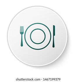Green Plate, fork and knife icon isolated on white background. Cutlery symbol. Restaurant sign. White circle button. Vector Illustration