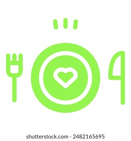 A green plate with a heart in the center, a fork on the left and a knife on the right. The heart symbolizes love for food.